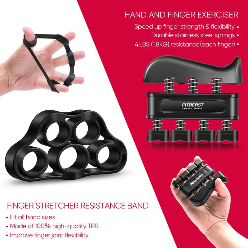 Fitbeast Hand Grip Strengthener Workout Kit (5 Pack) Forearm Grip Adjustable Resistance Hand Gripper, Finger Exerciser, Finger Stretcher, Grip Ring & Stress Relief Grip Ball for Athletes