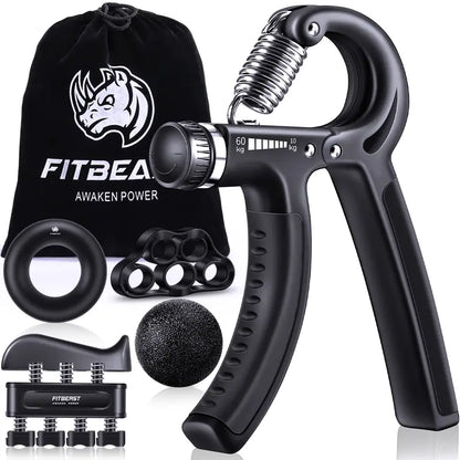 Fitbeast Hand Grip Strengthener Workout Kit (5 Pack) Forearm Grip Adjustable Resistance Hand Gripper, Finger Exerciser, Finger Stretcher, Grip Ring & Stress Relief Grip Ball for Athletes