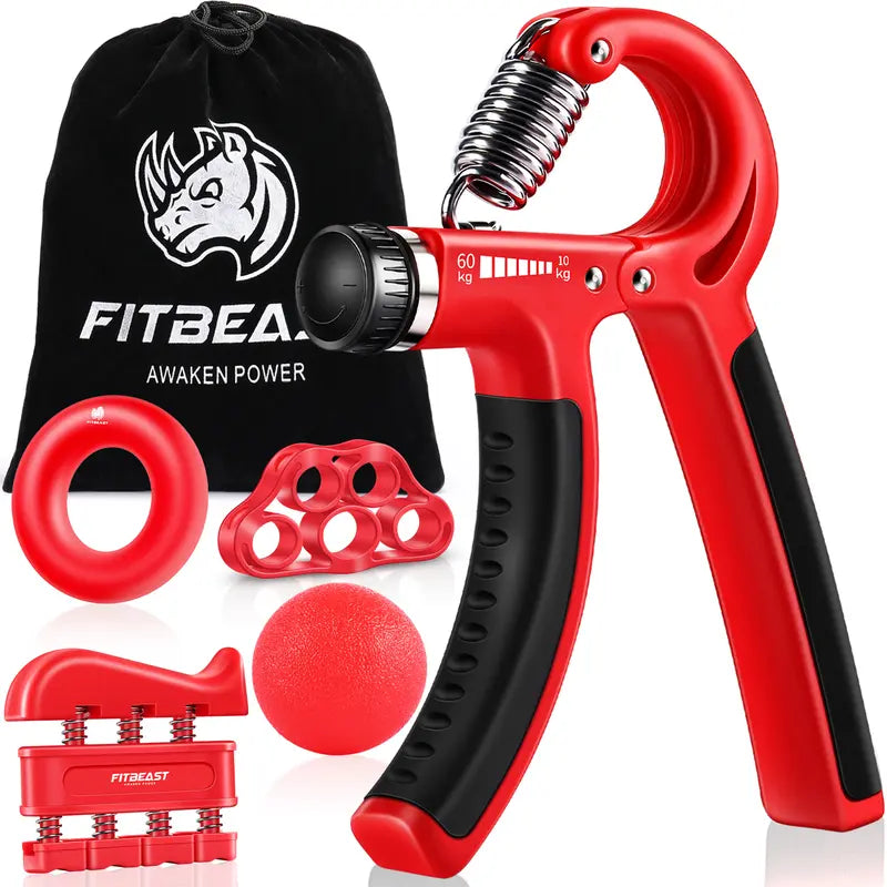 Fitbeast Hand Grip Strengthener Workout Kit (5 Pack) Forearm Grip Adjustable Resistance Hand Gripper, Finger Exerciser, Finger Stretcher, Grip Ring & Stress Relief Grip Ball for Athletes