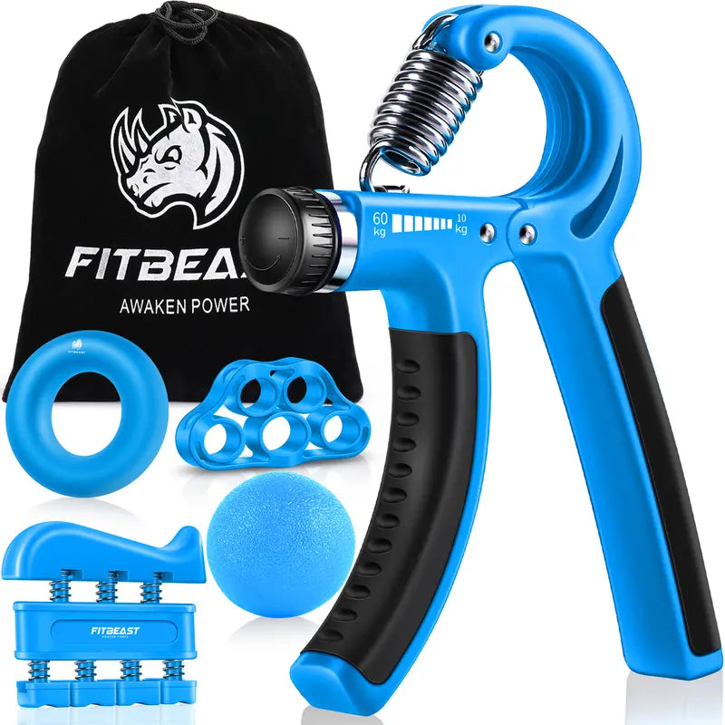 Fitbeast Hand Grip Strengthener Workout Kit (5 Pack) Forearm Grip Adjustable Resistance Hand Gripper, Finger Exerciser, Finger Stretcher, Grip Ring & Stress Relief Grip Ball for Athletes