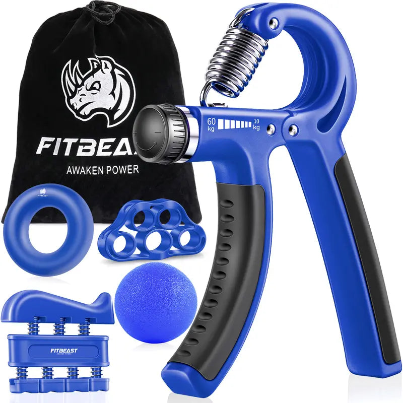 Fitbeast Hand Grip Strengthener Workout Kit (5 Pack) Forearm Grip Adjustable Resistance Hand Gripper, Finger Exerciser, Finger Stretcher, Grip Ring & Stress Relief Grip Ball for Athletes