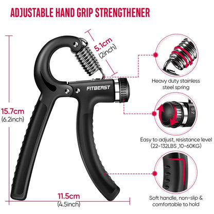 Fitbeast Hand Grip Strengthener Workout Kit (5 Pack) Forearm Grip Adjustable Resistance Hand Gripper, Finger Exerciser, Finger Stretcher, Grip Ring & Stress Relief Grip Ball for Athletes